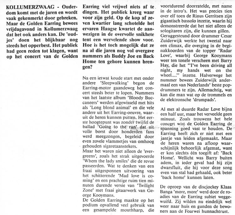 Golden Earring newspaper show review May 02 1992 Hoogvliet - Feesttent show